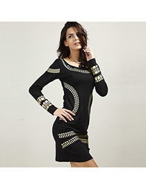 Sexy Black Metal Shape Pattern Decorated Long Sleeve Tight Dress