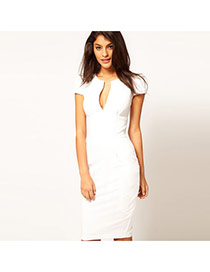 Temperament White Pure Color Decorated Short Sleeve V Neckline Long Dress