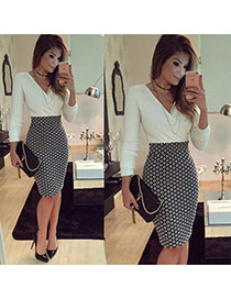 Fashion White+black Grid Pattern Decorated V Neckline Long Sleeve Patchwork Package Hip Pencil Dress