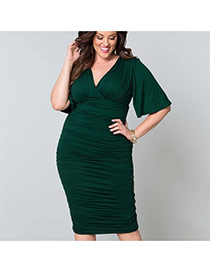 Sexy Green Pure Color Design V Neckline Three Quarters Sleeve Package Hip Large Size Dress