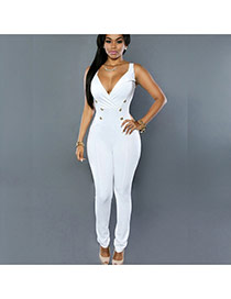 Sexy White Pure Color Design V-neckline Sleeveless Jumpsuit