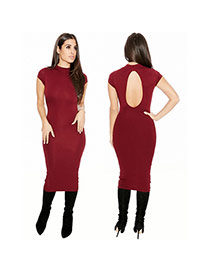 Sexy Claret-red Backless Decorated Short Sleeve Pure Color Tight Dress