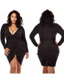 Sexy Black Long Sleeve Decorated Deep V Neckline Pure Color Package Buttocks Dress
