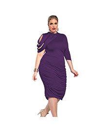 Sexy Purple Hollw Out Tassel Decorated Three Quarter Sleeve Drape Dress