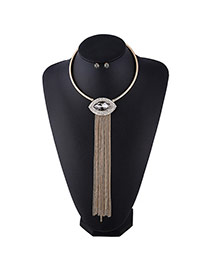Fashion Gray Oval Gemstone Decorated Long Tassel Jewelry Sets