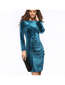 Elegant Hole Green Pure Color Decorated Long Sleeve O Neckline Tight Dress