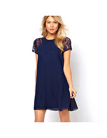 Fashion Navy Color Lace Rose Flower Decorated Short Sleeve Pure Color Dress