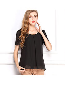 Fashion Black O Shape Neckline Design Pure Color Short Sleeve Shirt