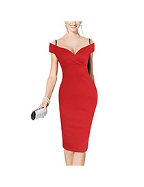 Sexy Red Pure Color Design Off-the-shoulder Package Hip Strap Dress